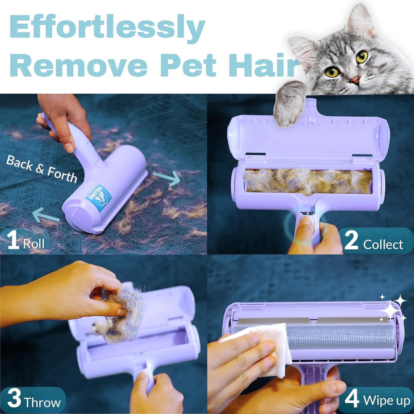 Pet Hair Remover Roller - Dog & Cat Fur Remover with Self-Cleaning Base - Efficient Animal Hair Removal Tool - Perfect for Furniture, Couch, Carpet, Car Seat, Purple